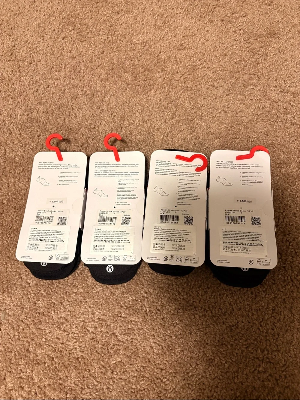 NWT Lululemon Power Stride Socks Black Small 4 3-Packs